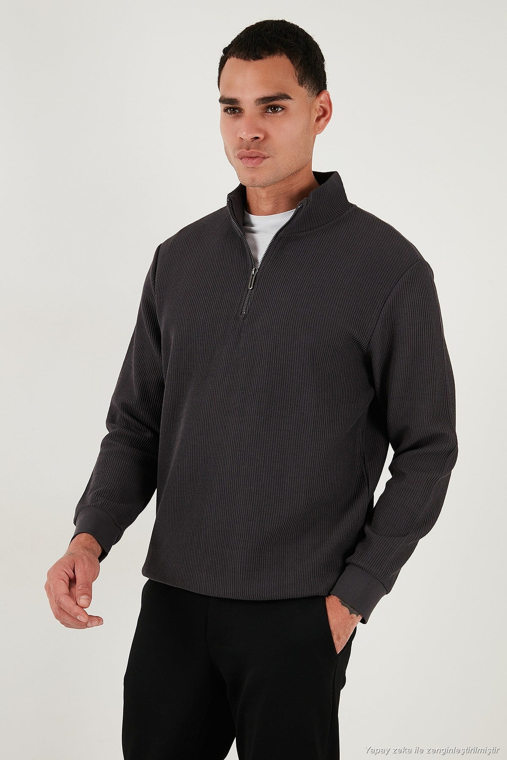Pamuklu Regular Fit Yarım Fermuarlı Dik Yaka 2li Paket Erkek Sweat 5905716S2 ANTRASİT-VİŞNE