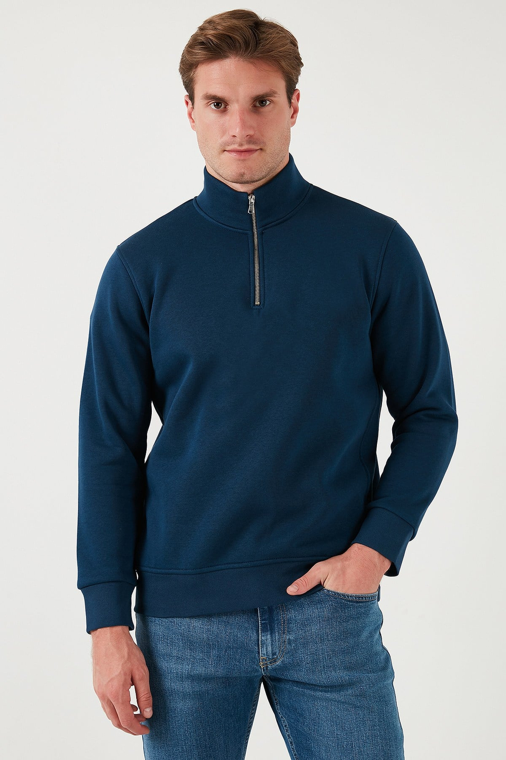 Pamuklu Regular Fit Yarım Fermuarlı Dik Yaka Şardonlu Erkek Sweat 59052592 İNDİGO