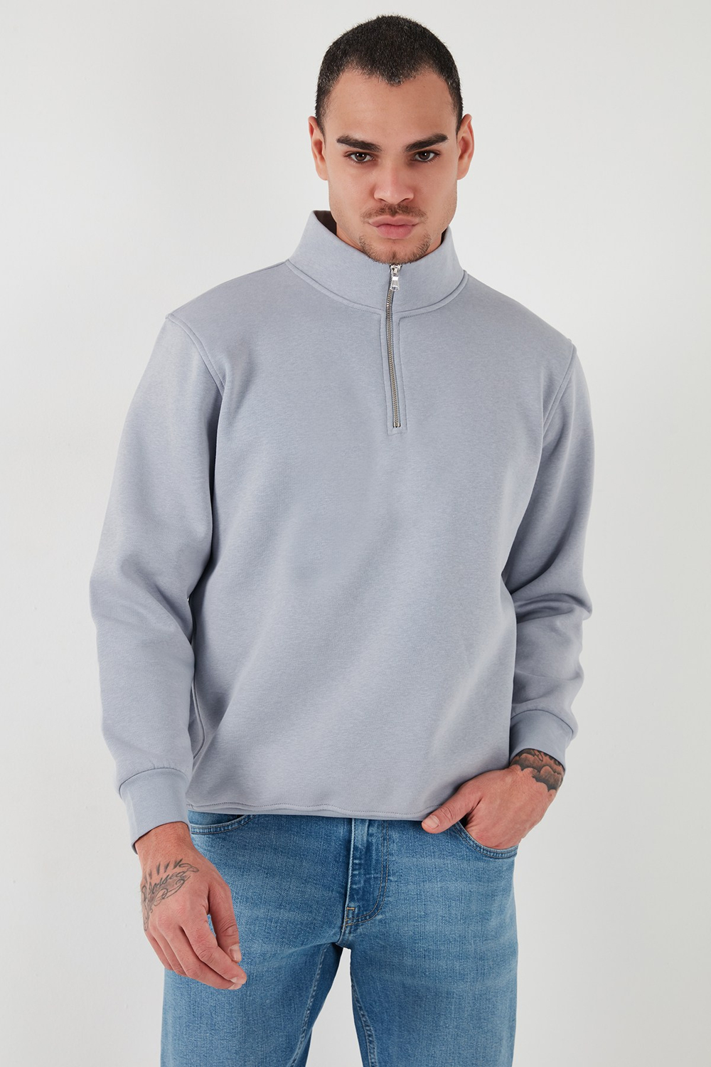 Pamuklu Regular Fit Yarım Fermuarlı Dik Yaka Şardonlu Erkek Sweat 59052592 AÇIK GRİ