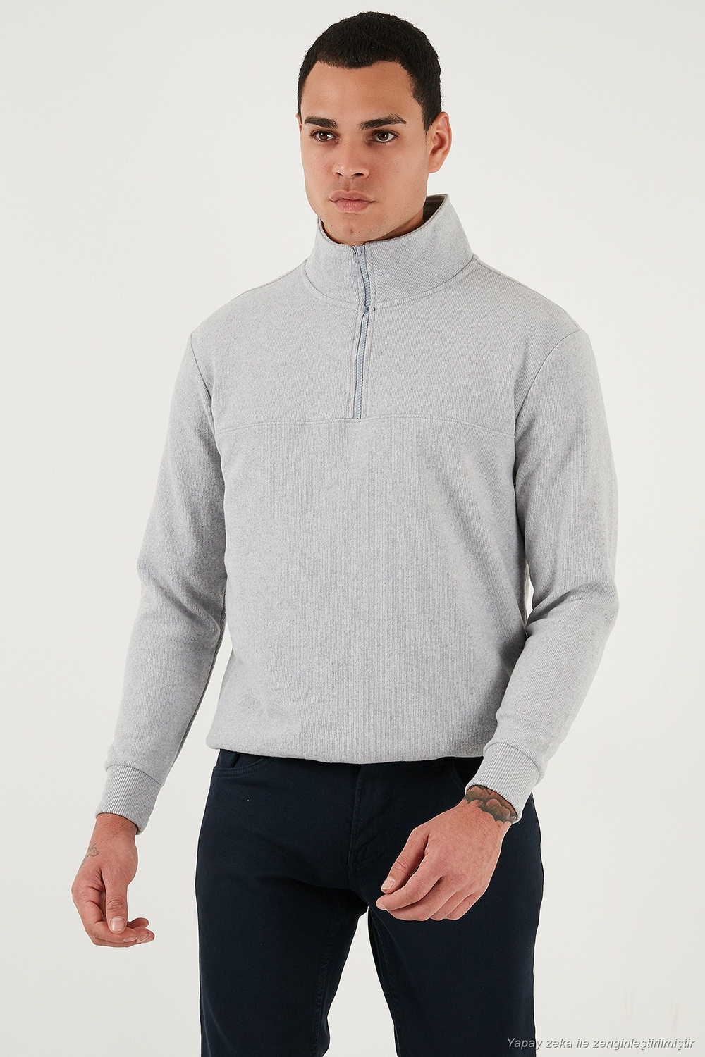 Pamuklu Regular Fit Yarım Fermuarlı Dik Yaka Erkek Kazak 456112 AÇIK GRİ