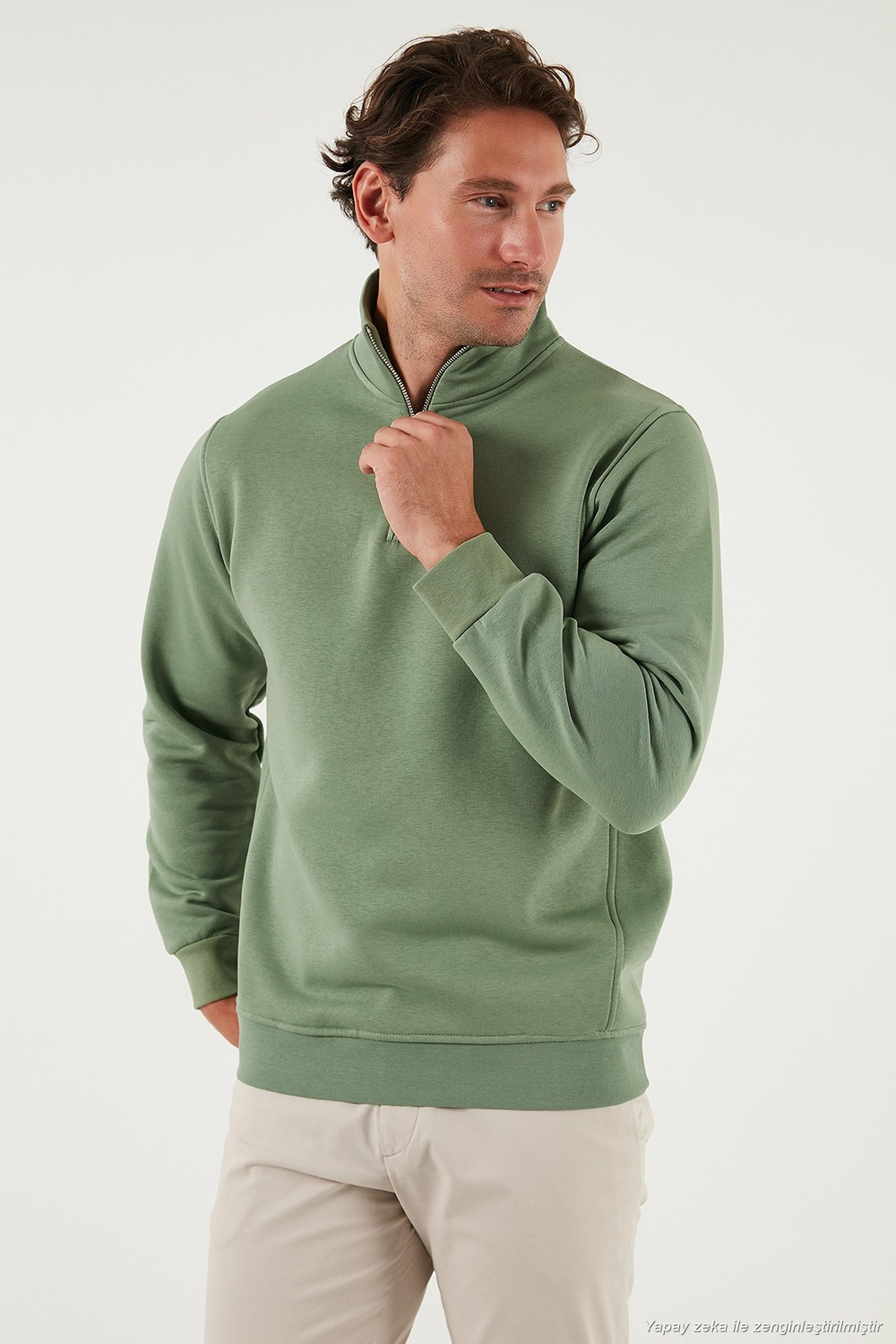 Pamuklu Regular Fit Yarım Fermuarlı Dik Yaka Şardonlu Erkek Sweat 59052592 ELMA YEŞİLİ