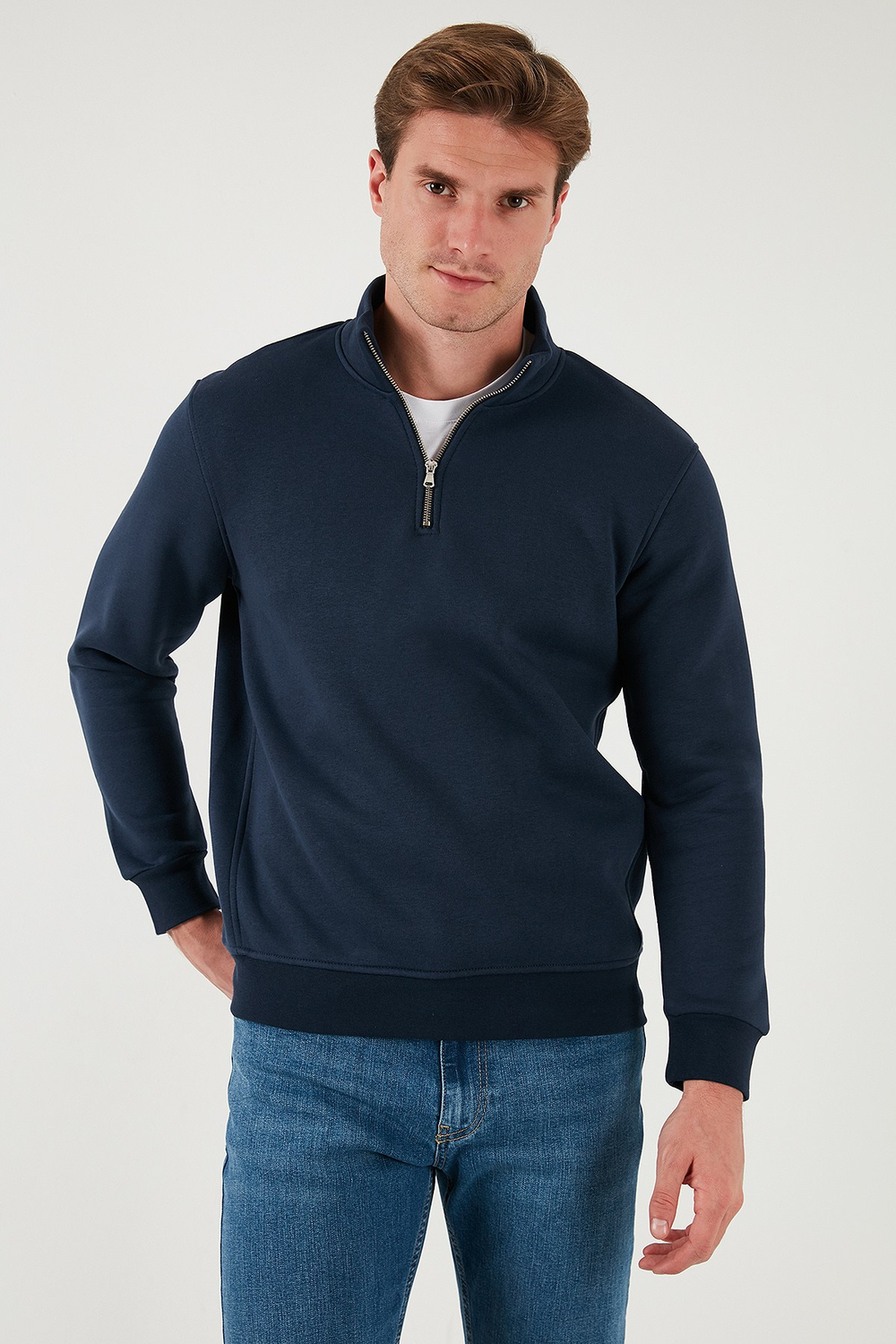 Pamuklu Regular Fit Yarım Fermuarlı Dik Yaka Şardonlu Erkek Sweat 59052592 KOYU LACİVERT