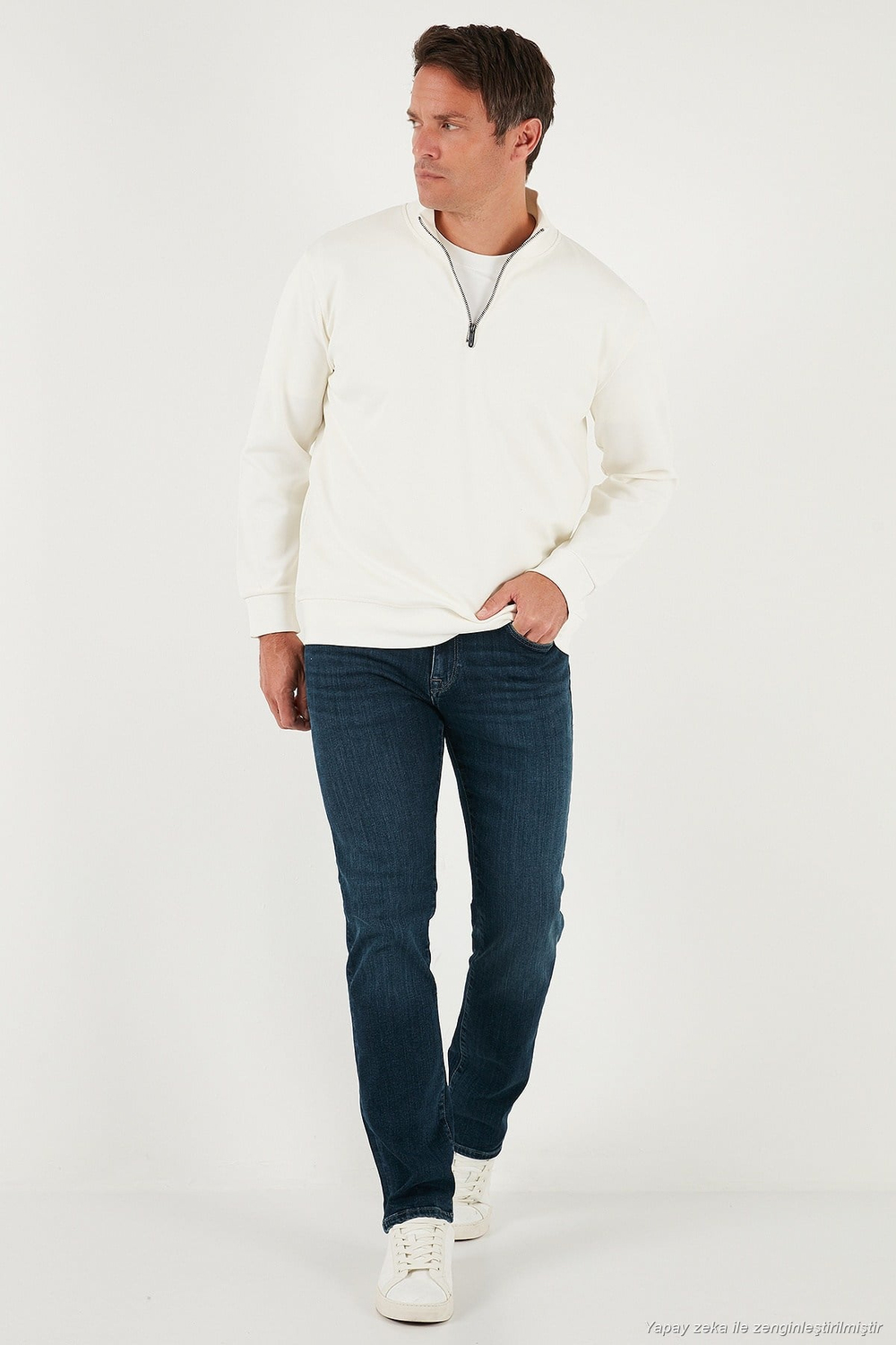 Pamuklu Regular Fit Yarım Fermuarlı Dik Yaka Erkek Sweat 5905470 EKRU