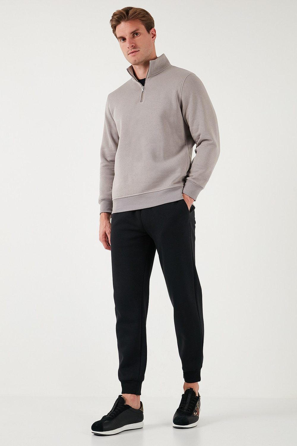 Pamuklu Regular Fit Yarım Fermuarlı Dik Yaka Şardonlu Erkek Sweat 59052592 Kül