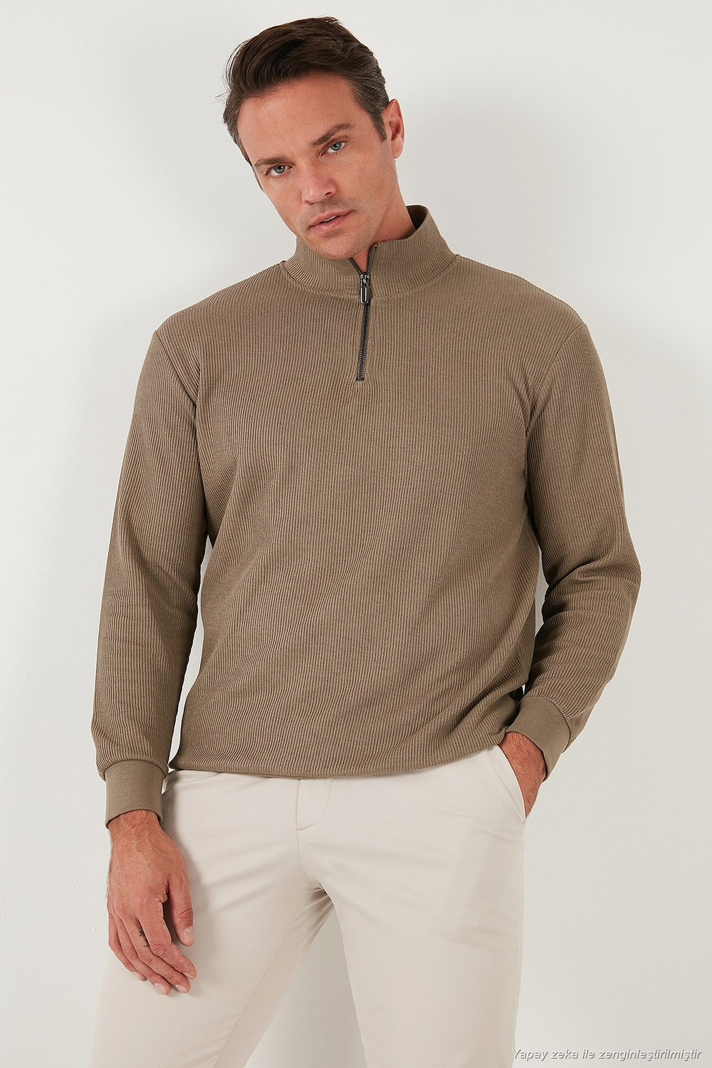 Pamuklu Regular Fit Yarım Fermuarlı Dik Yaka 2li Paket Erkek Sweat 5905716S2 Koyu Vizon-Koyu Kahve