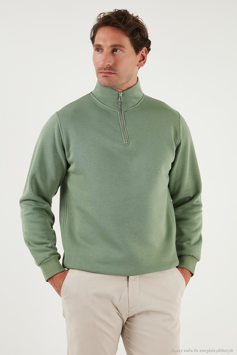Pamuklu Regular Fit Yarım Fermuarlı Dik Yaka Şardonlu Erkek Sweat 59052592 ELMA YEŞİLİ