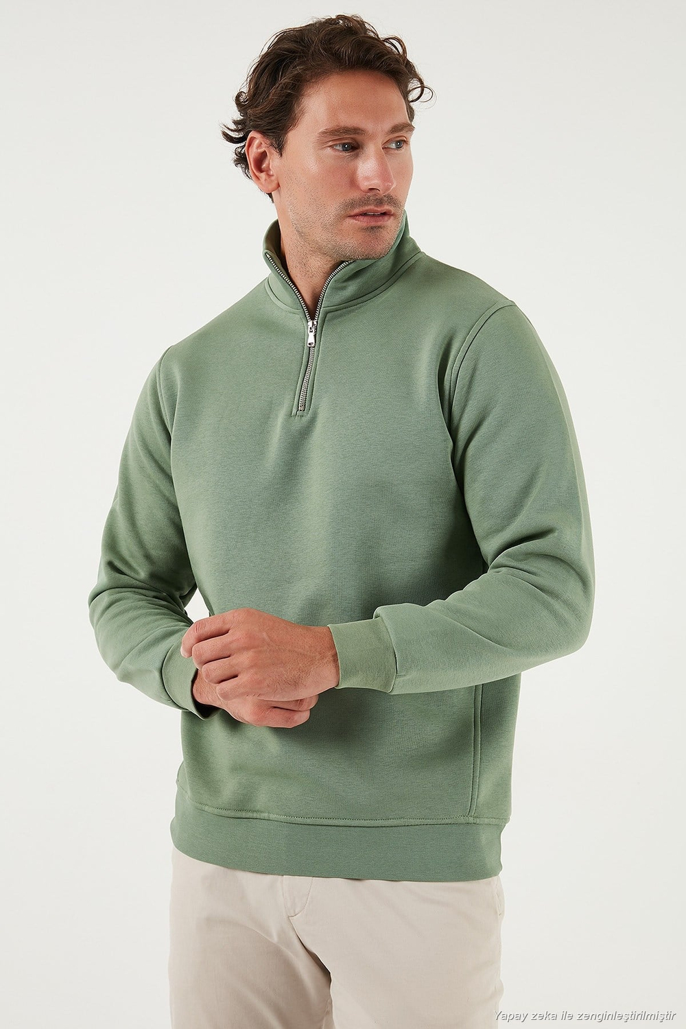 Pamuklu Regular Fit Yarım Fermuarlı Dik Yaka Şardonlu Erkek Sweat 59052592 ELMA YEŞİLİ