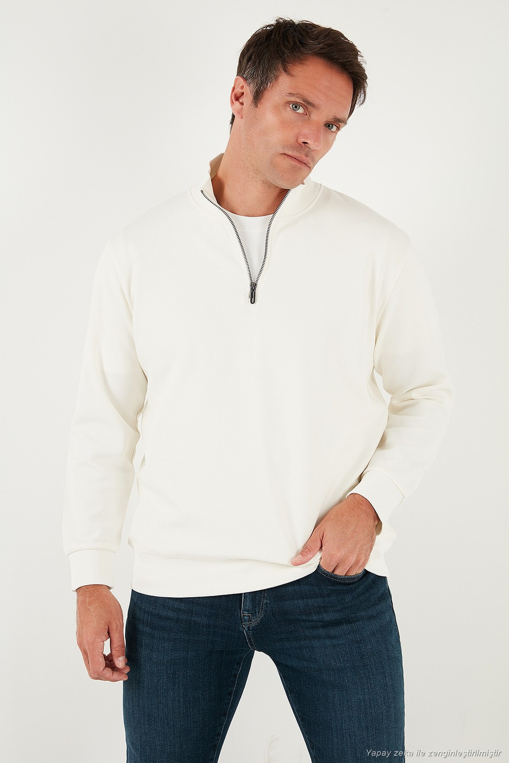 Pamuklu Regular Fit Yarım Fermuarlı Dik Yaka Erkek Sweat 5905470 EKRU