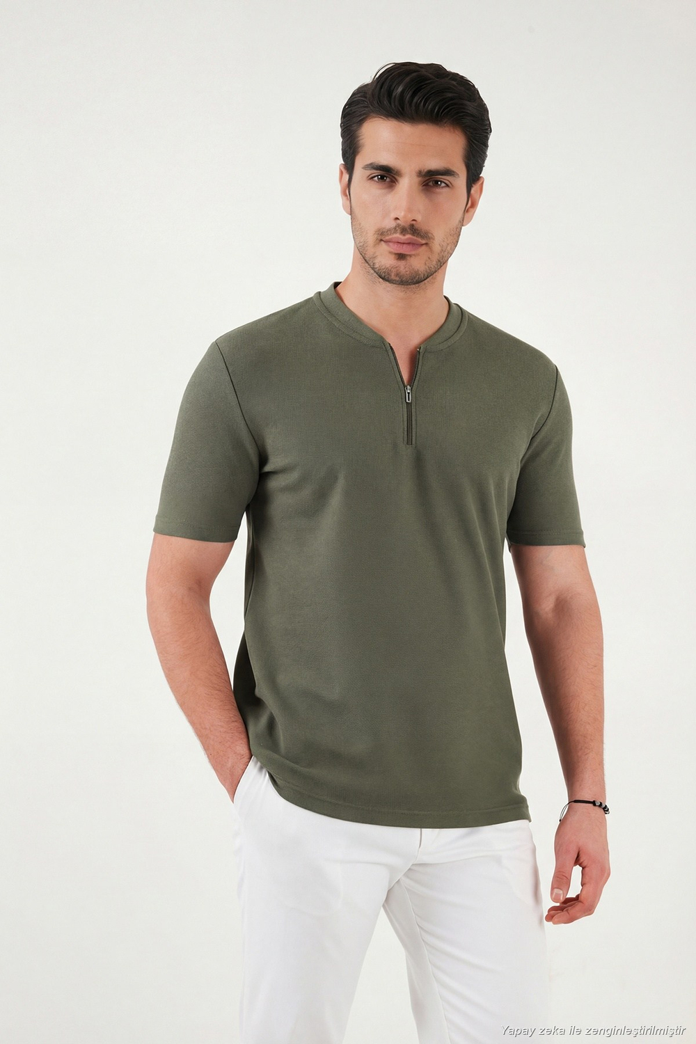 Pamuklu Regular Fit Yarım Fermuarlı Erkek T Shirt 5902653 HAKİ