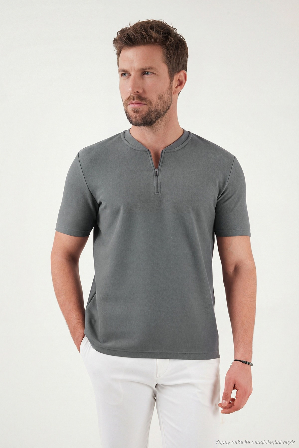 Pamuklu Regular Fit Yarım Fermuarlı Erkek T Shirt 5902653 AÇIK HAKİ