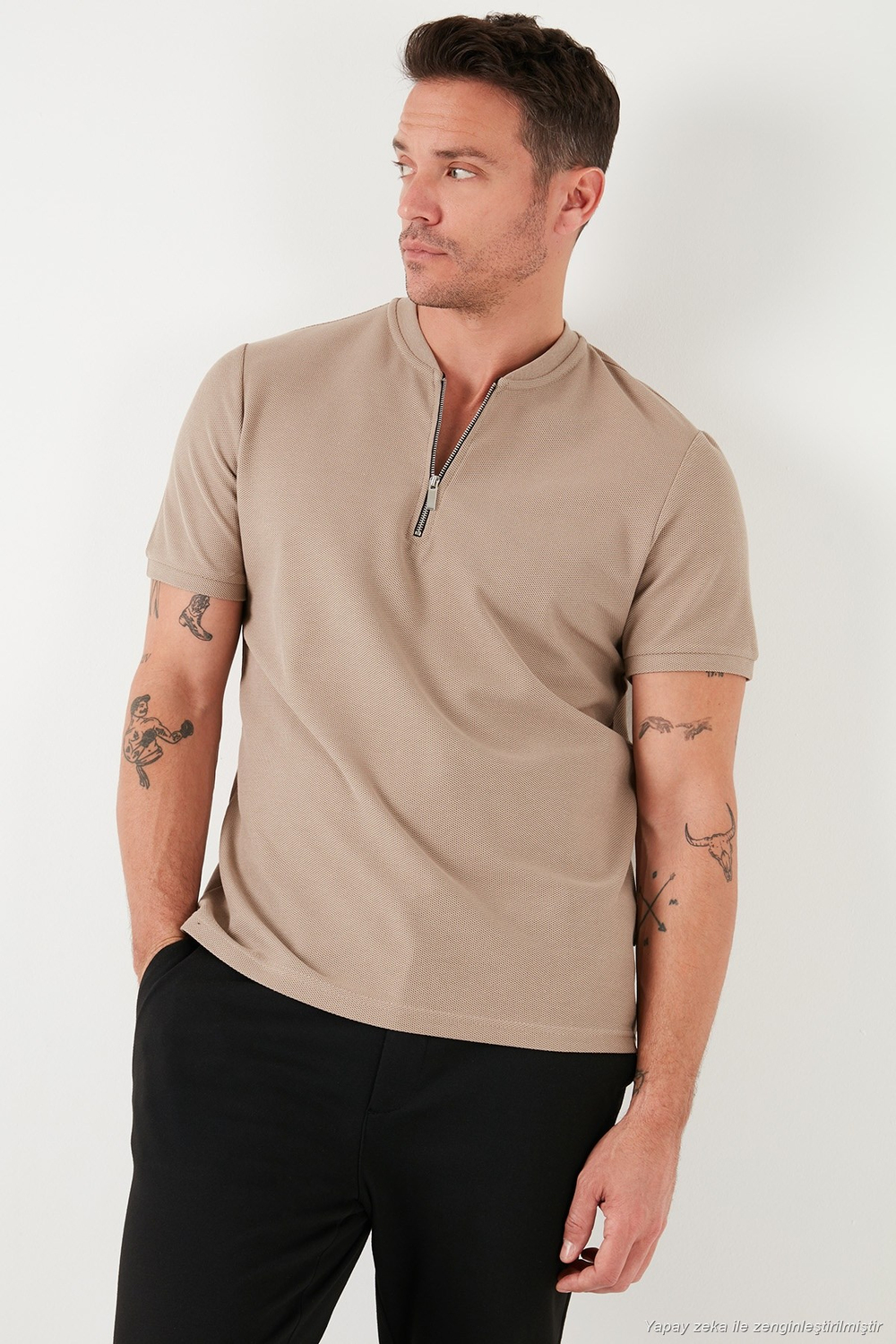 Pamuklu Regular Fit Yarım Fermuarlı Erkek T Shirt 5902653 VİZON