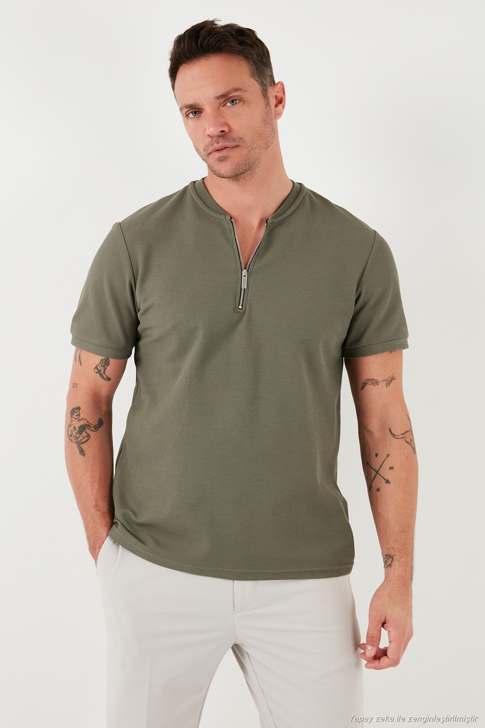 Pamuklu Regular Fit Yarım Fermuarlı Kolej Yaka 3lü Paket Erkek T Shirt 5902653S3 Siyah-Vizon-Haki