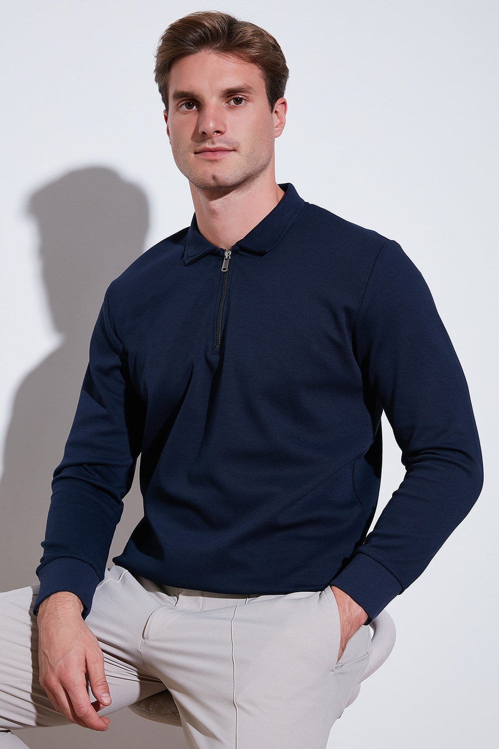 Pamuklu Regular Fit Yarım Fermuarlı Polo Yaka Erkek Sweat 5905789 İNDİGO