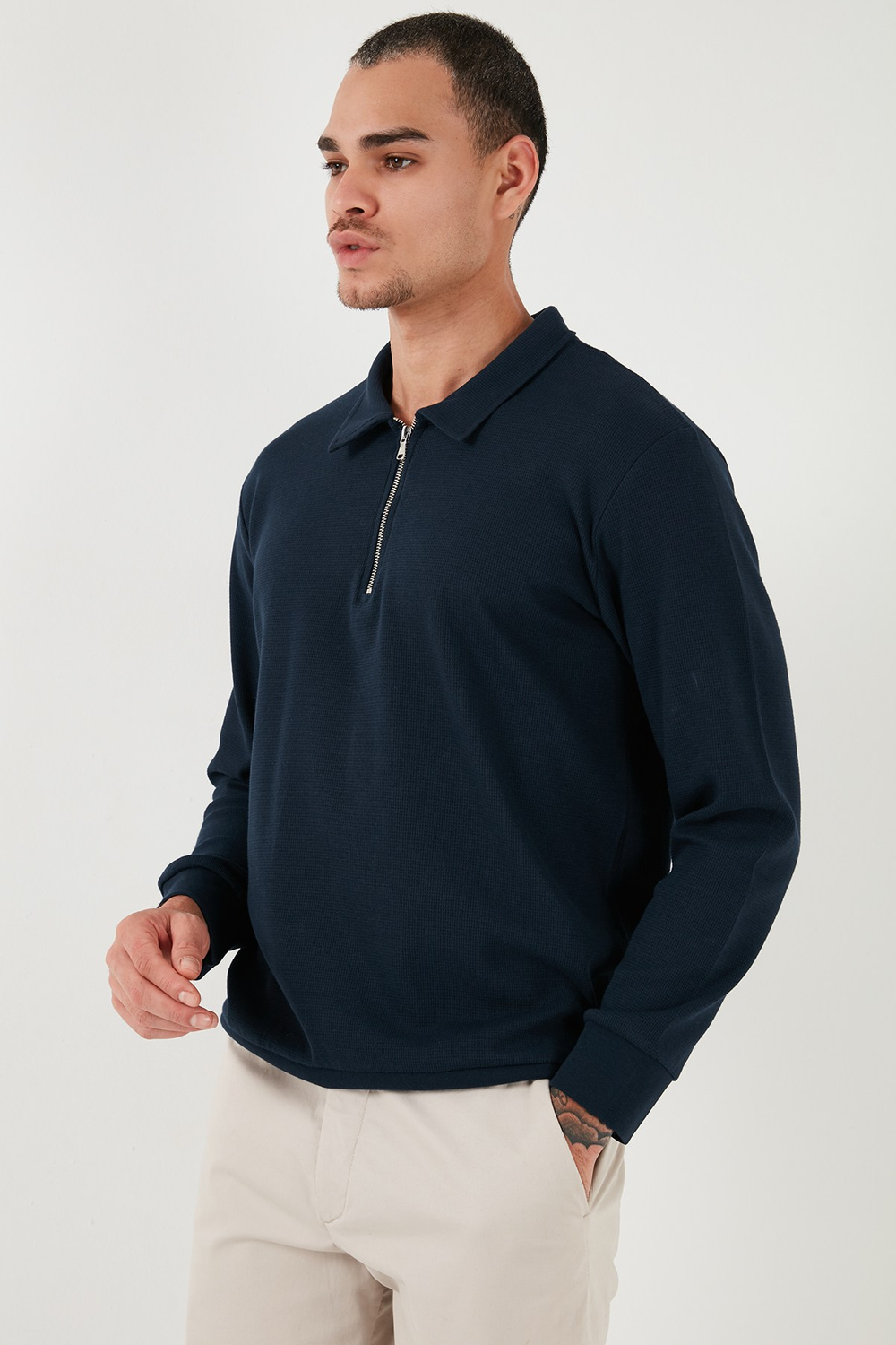 Pamuklu Regular Fit Yarım Fermuarlı Polo Yaka Erkek Sweat 5905805 İNDİGO
