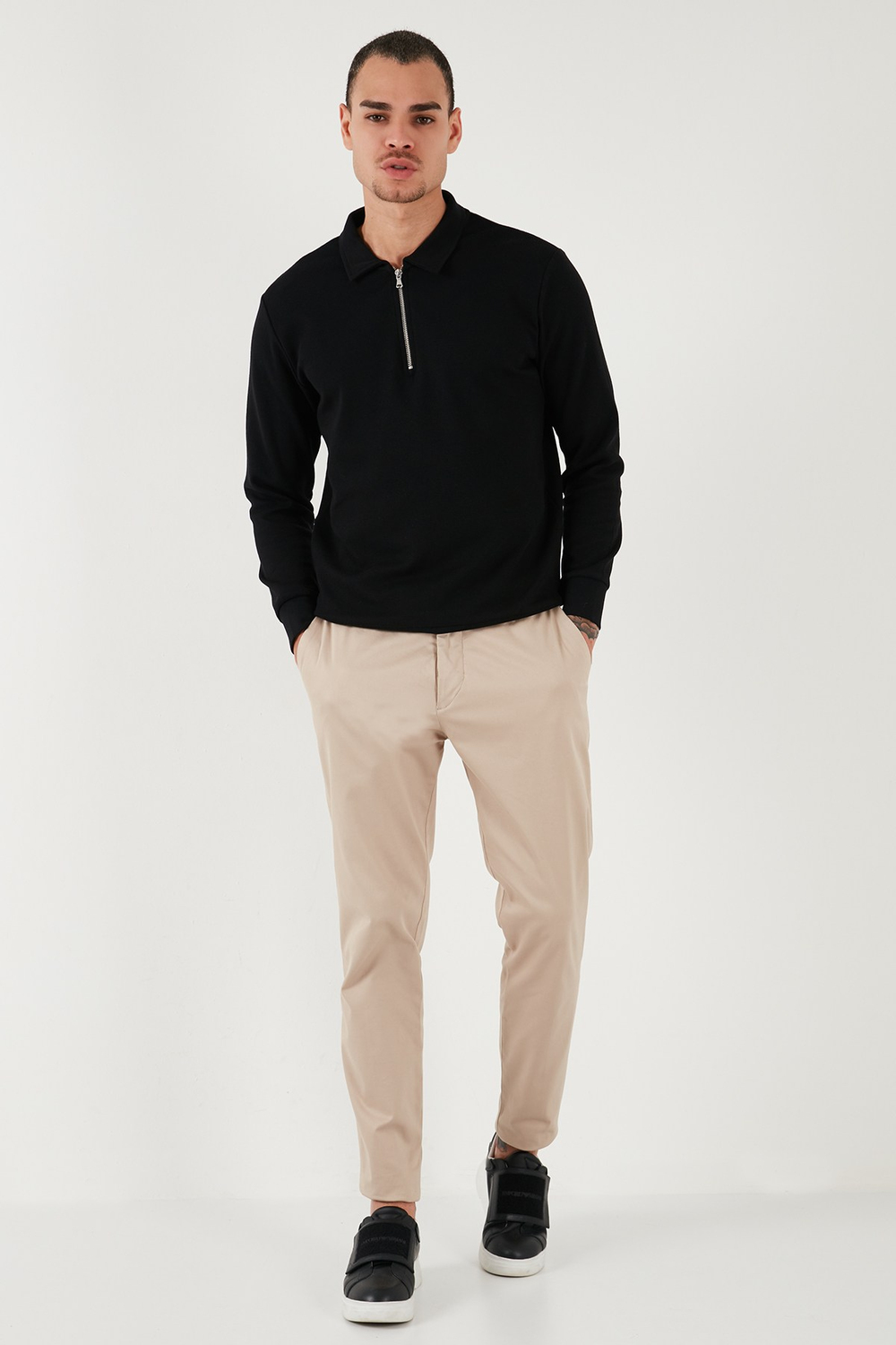 Pamuklu Regular Fit Yarım Fermuarlı Polo Yaka Erkek Sweat 5905805 SİYAH