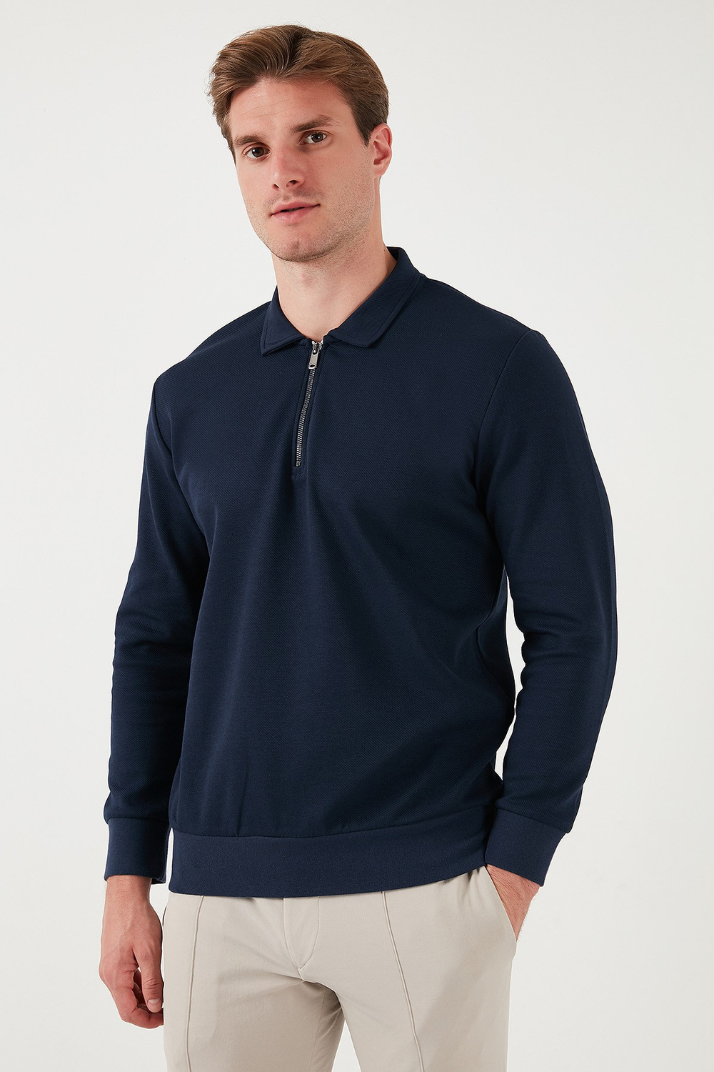 Pamuklu Regular Fit Yarım Fermuarlı Polo Yaka Erkek Sweat 5905789 İNDİGO