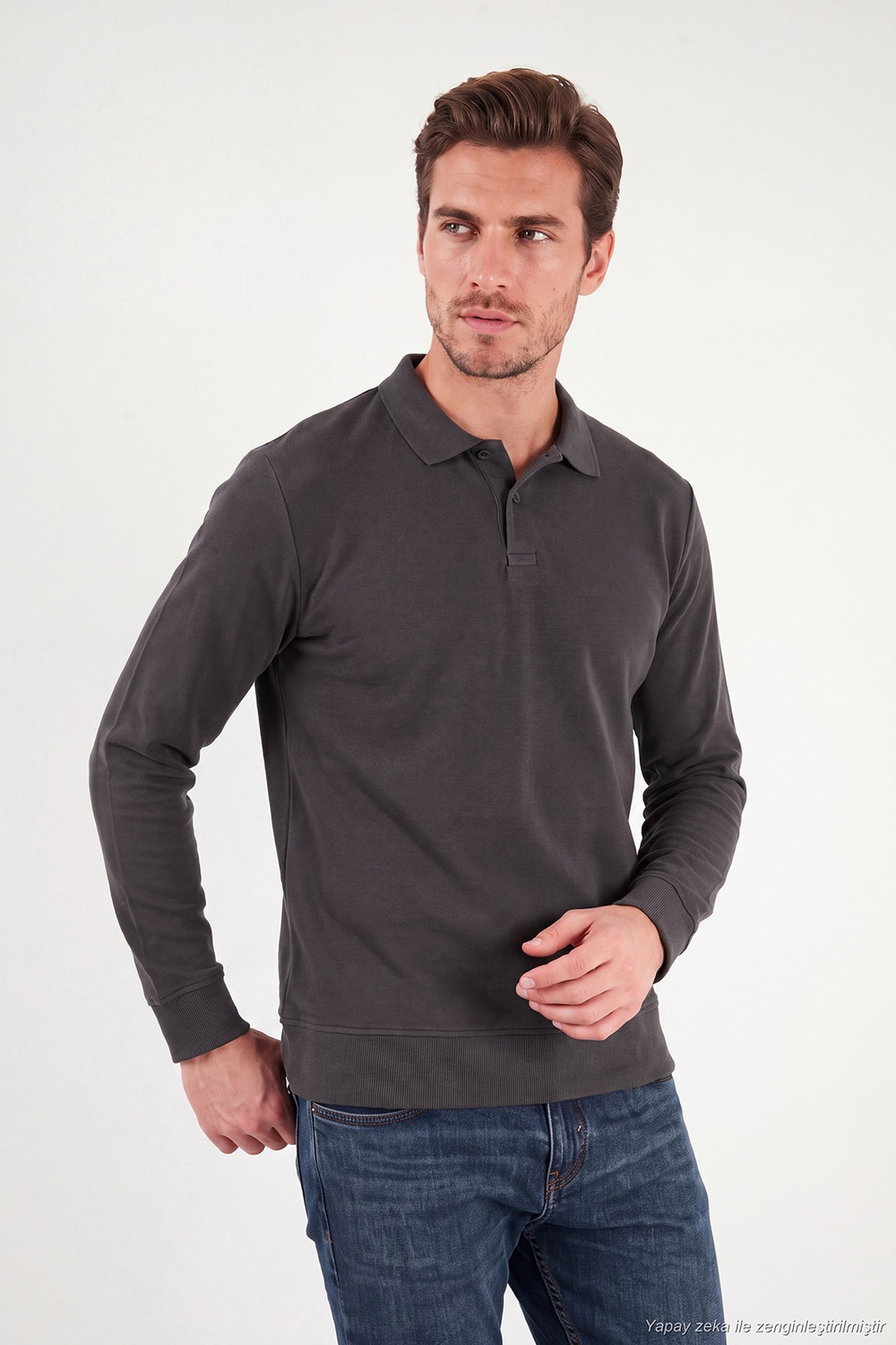 Pamuklu Regular Fit Yumuşak Dokulu Düğmeli Erkek Polo Yaka Kazak 5906103 ANTRASİT
