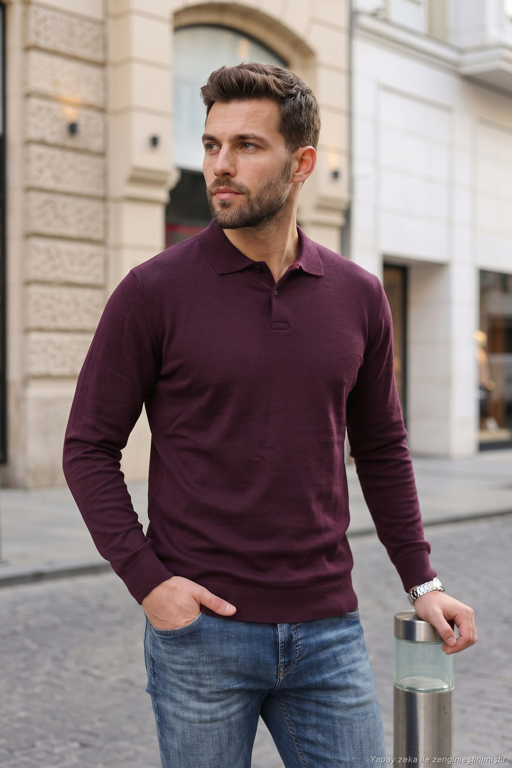 Pamuklu Regular Fit Yumuşak Dokulu Düğmeli Erkek Polo Yaka Kazak 5906103 BORDO