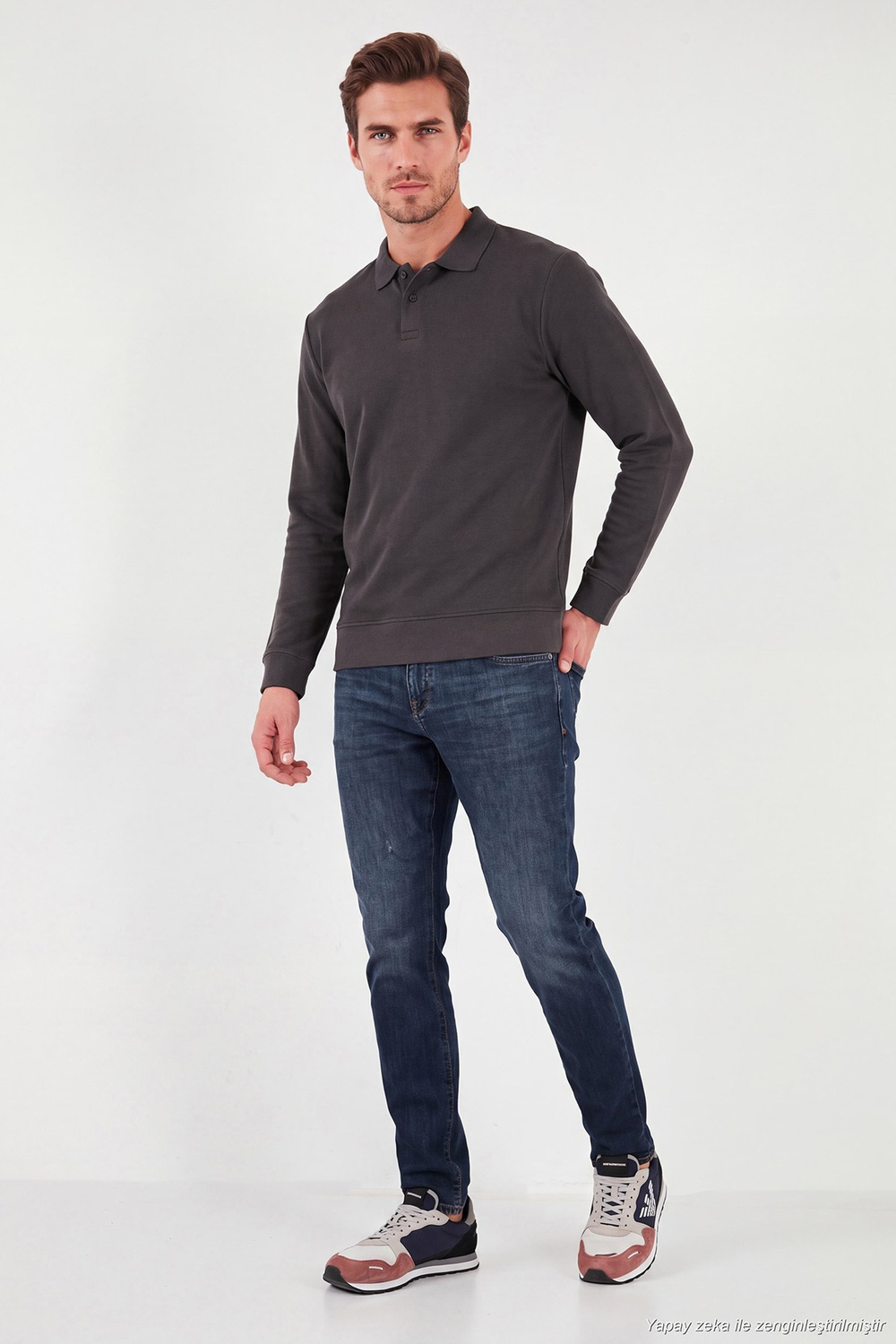 Pamuklu Regular Fit Yumuşak Dokulu Düğmeli Erkek Polo Yaka Kazak 5906103 ANTRASİT