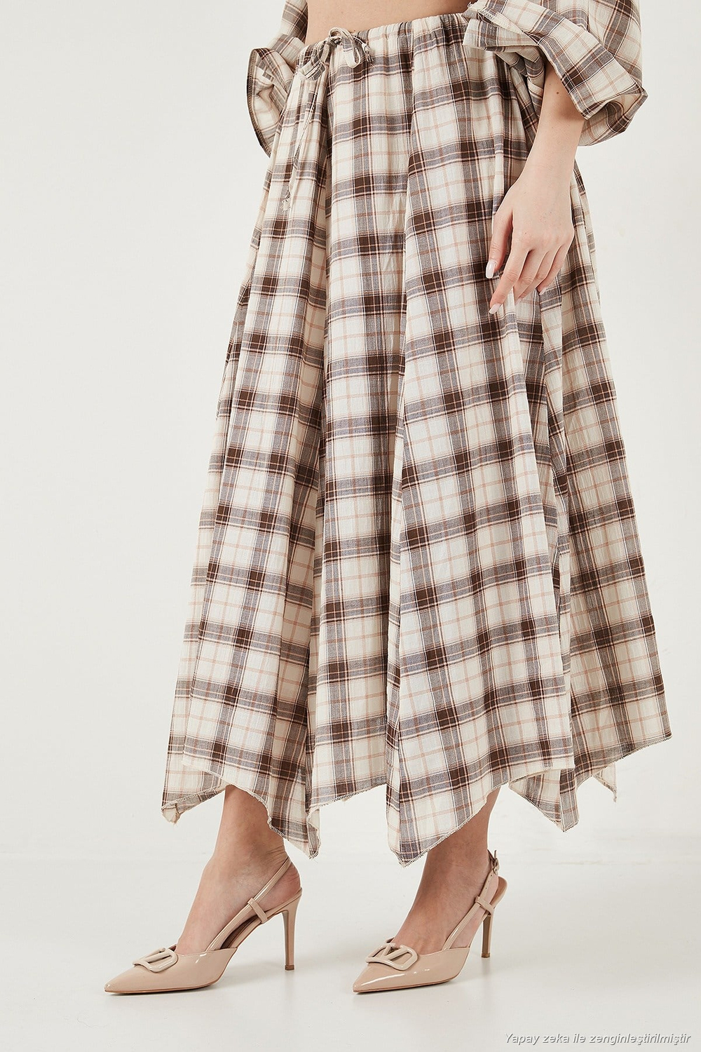 Pamuklu Relaxed Fit Asimetrik Kareli Midi Kadın Etek 6921284 KAHVE