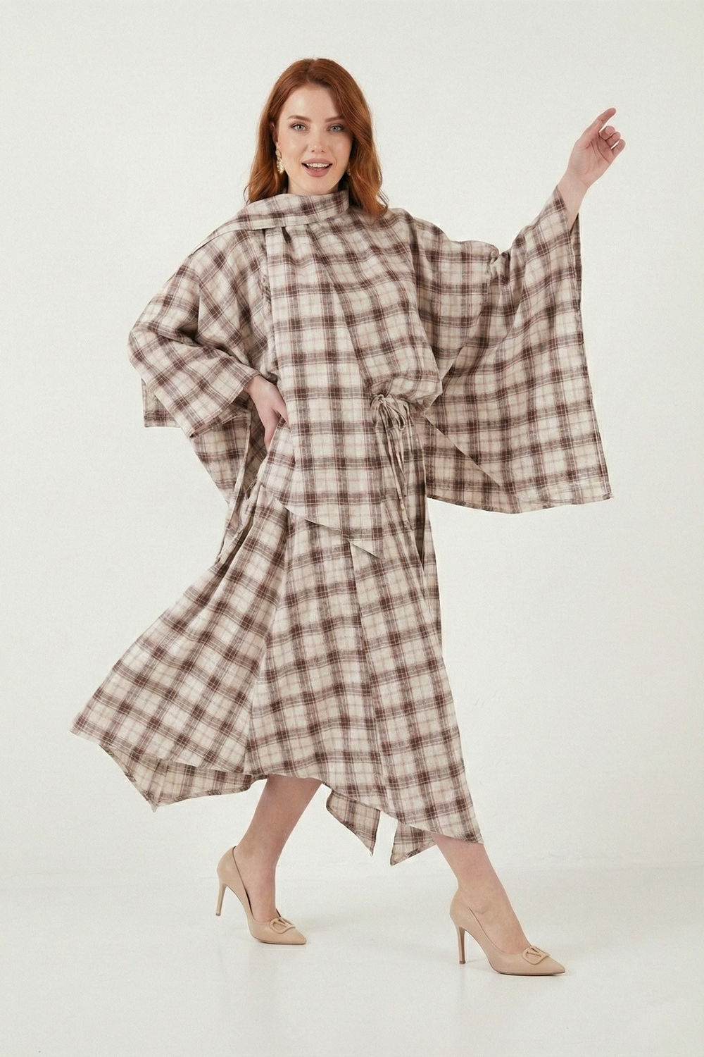 Pamuklu Relaxed Fit Asimetrik Kareli Midi Kadın Etek 6921284 KAHVE