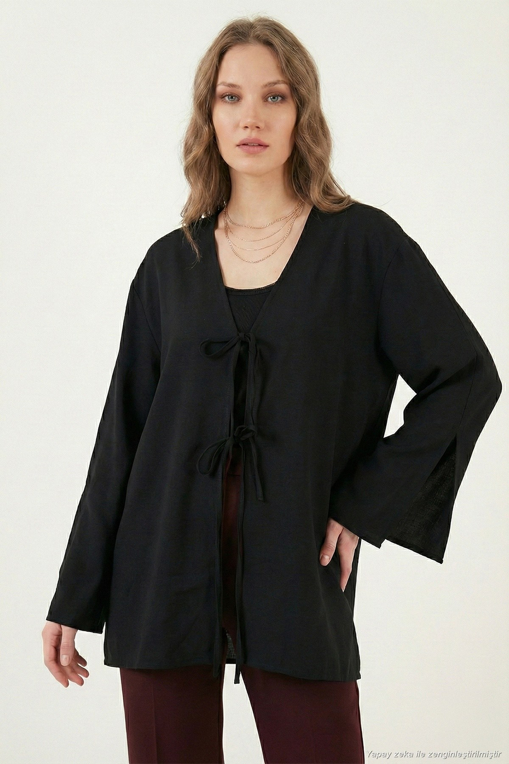 Pamuklu Relaxed Fit Bağlamalı Yırtmaçlı Kol Detaylı Kadın Gömlek 6925425 SİYAH
