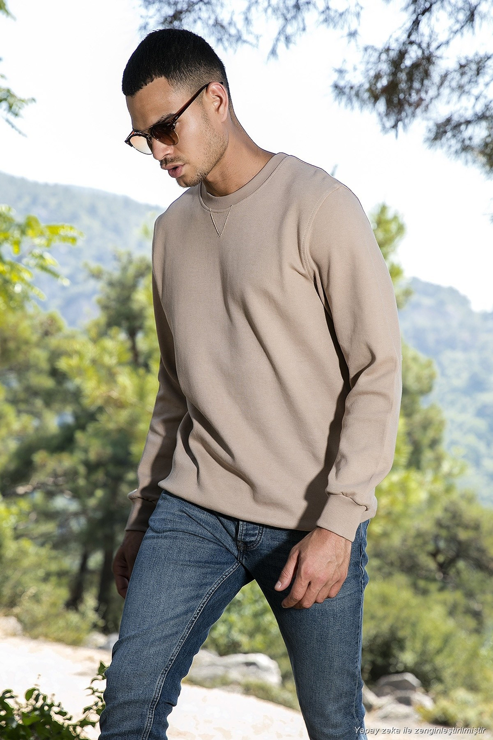 Pamuklu Relaxed Fit Bisiklet Yaka Erkek Sweat 5905453 VİZON