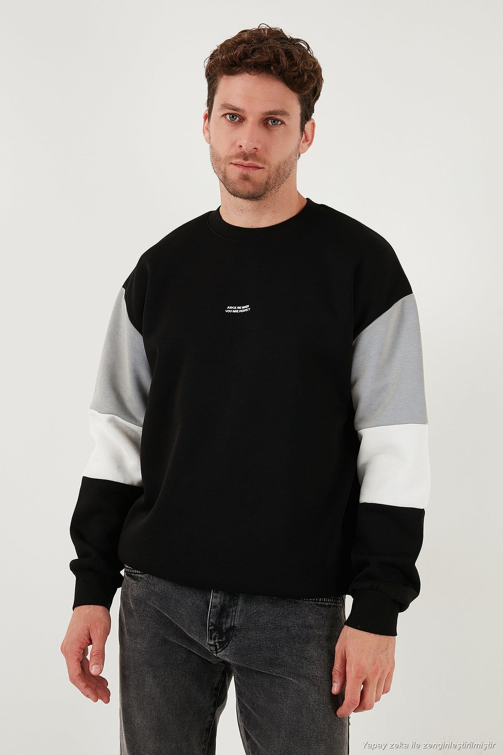 Pamuklu Relaxed Fit Bisiklet Yaka Şardonlu Renk Bloklu Erkek Sweat 5905298T SİYAH