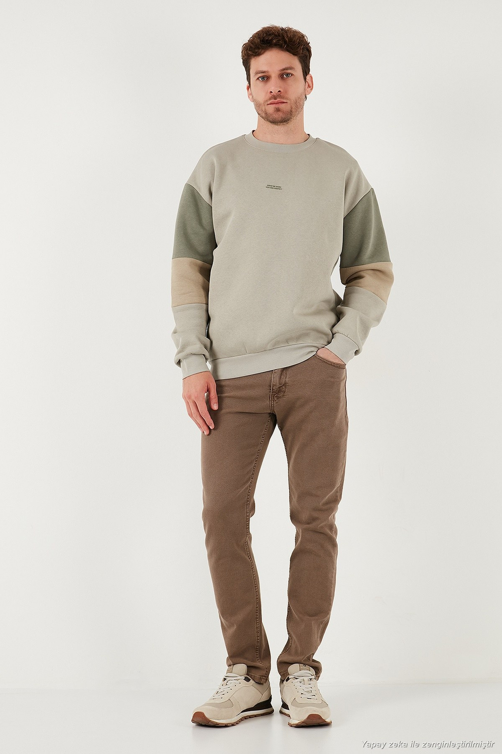 Pamuklu Relaxed Fit Bisiklet Yaka Şardonlu Renk Bloklu Erkek Sweat 5905298T TAŞ
