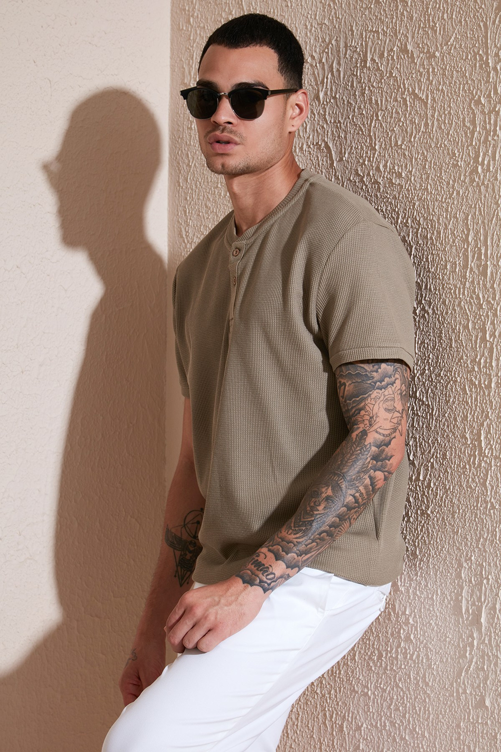 Pamuklu Relaxed Fit Düğmeli Sıfır Yaka Erkek T Shirt 5902737 Vizon Yeşili