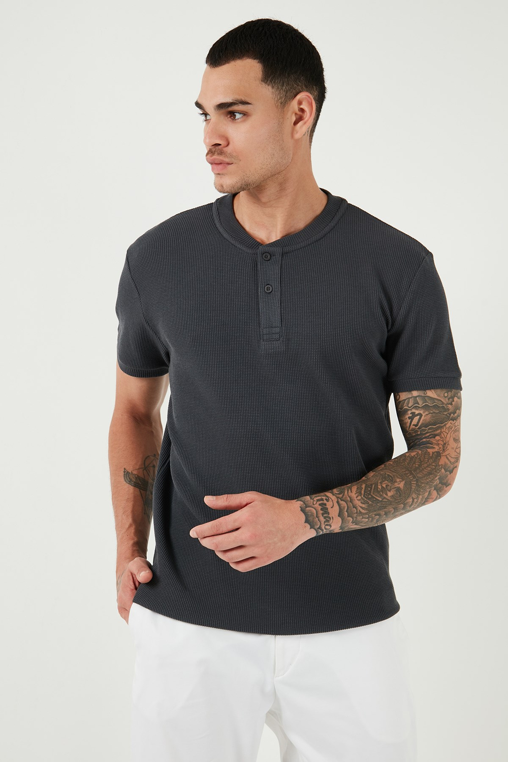 Pamuklu Relaxed Fit Düğmeli Sıfır Yaka Erkek T Shirt 5902737 ANTRASİT