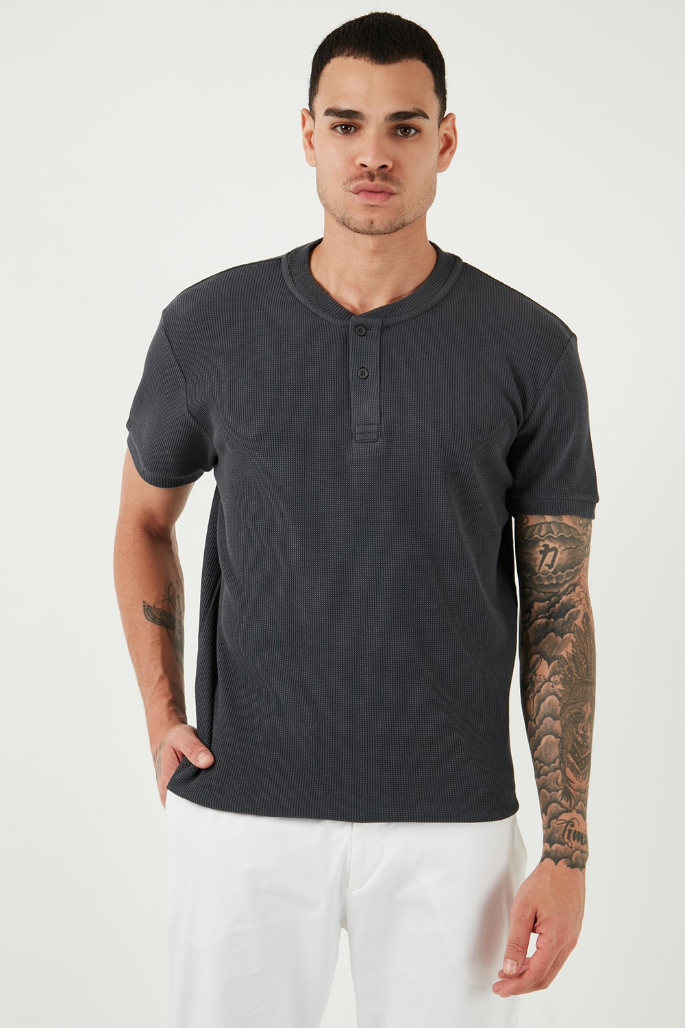 Pamuklu Relaxed Fit Düğmeli Sıfır Yaka Erkek T Shirt 5902737 ANTRASİT