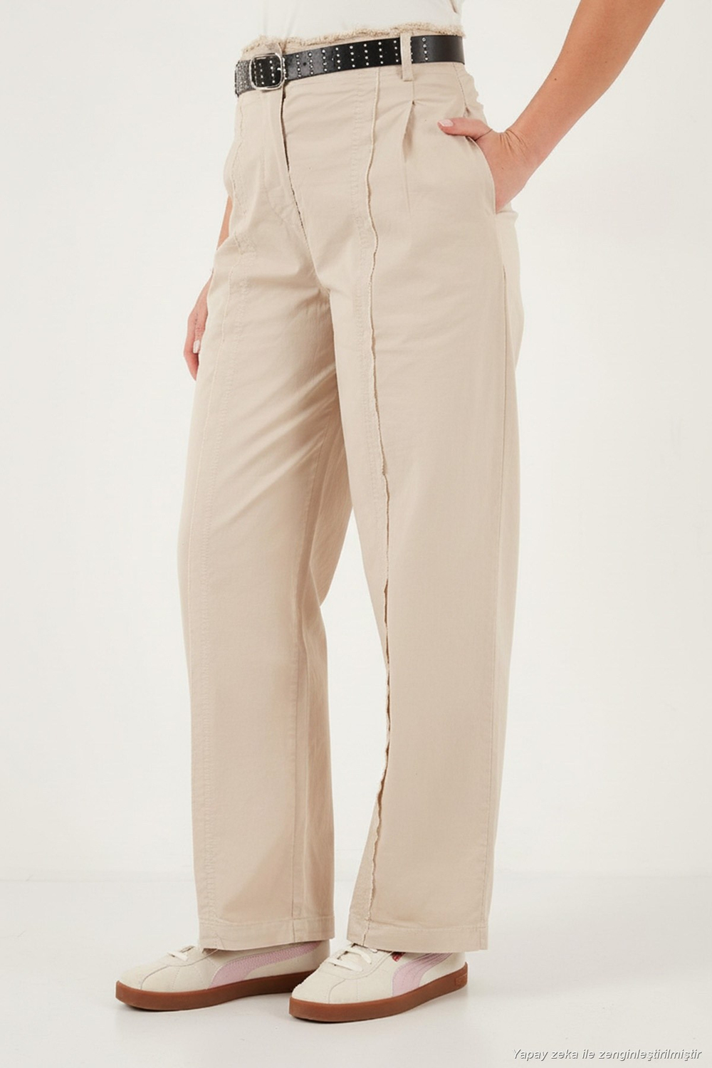 Pamuklu Relaxed Fit Geniş Paça Dikiş Detaylı Kemerli Kadın Pantolon 68351208 TAŞ