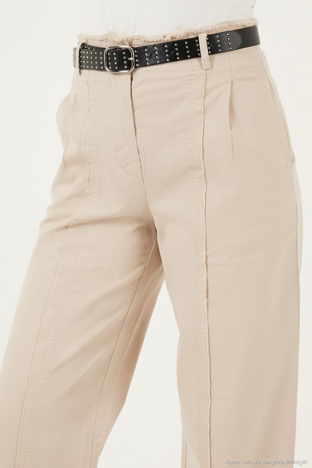 Pamuklu Relaxed Fit Geniş Paça Dikiş Detaylı Kemerli Kadın Pantolon 68351208 TAŞ
