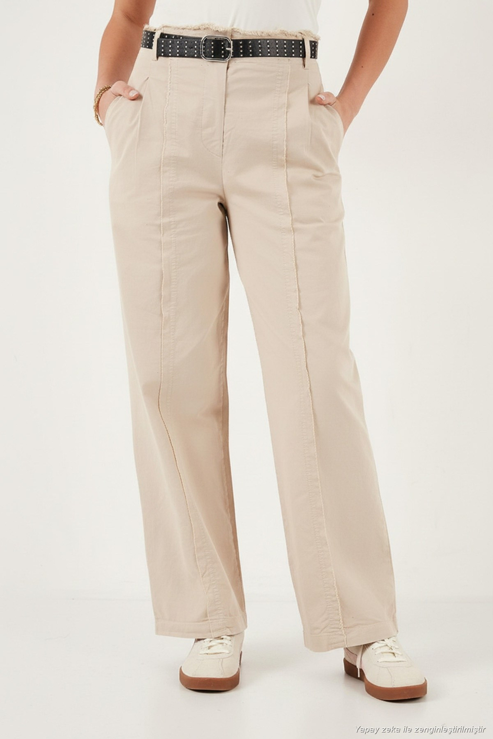Pamuklu Relaxed Fit Geniş Paça Dikiş Detaylı Kemerli Kadın Pantolon 68351208 TAŞ