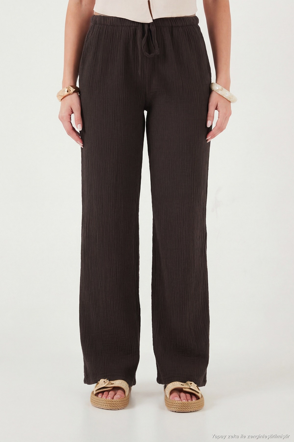 Pamuklu Relaxed Fit Geniş Paça Müslin Kadın Pantolon 668YP5502 Acı Kahve