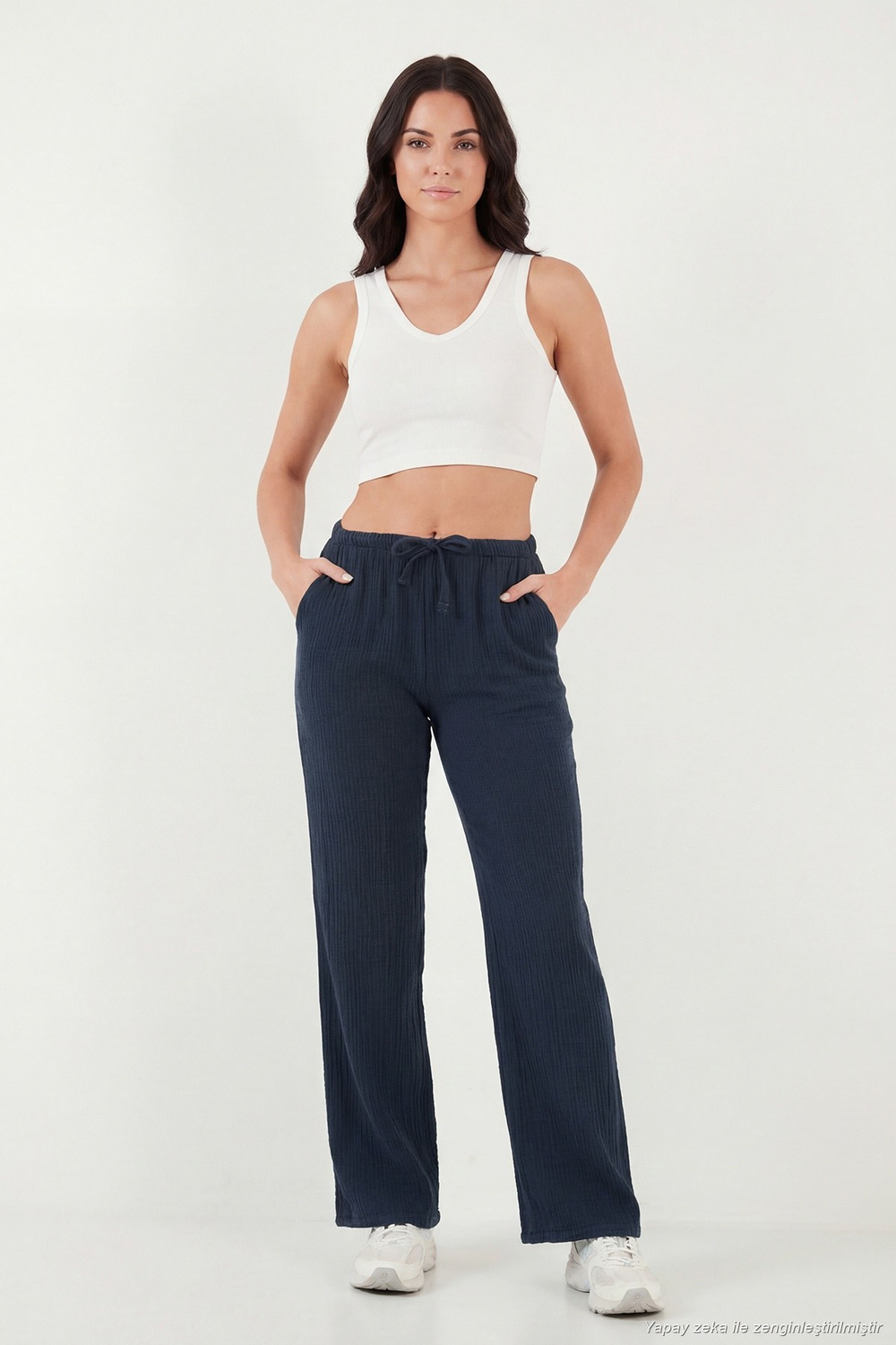 Pamuklu Relaxed Fit Geniş Paça Müslin Kadın Pantolon 668YP5502 LACİVERT