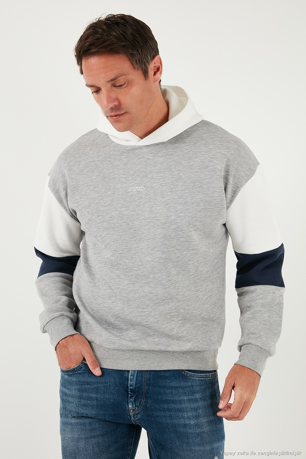 Pamuklu Relaxed Fit Kapüşonlu İçi Tüylü Yumuşak Şardonlu Erkek Sweat 5905299 GRİ MELANJ