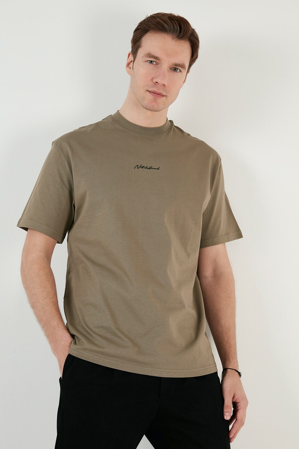Pamuklu Relaxed Fit Sıfır Yaka Erkek T Shirt 5902702 Vizon Yeşili