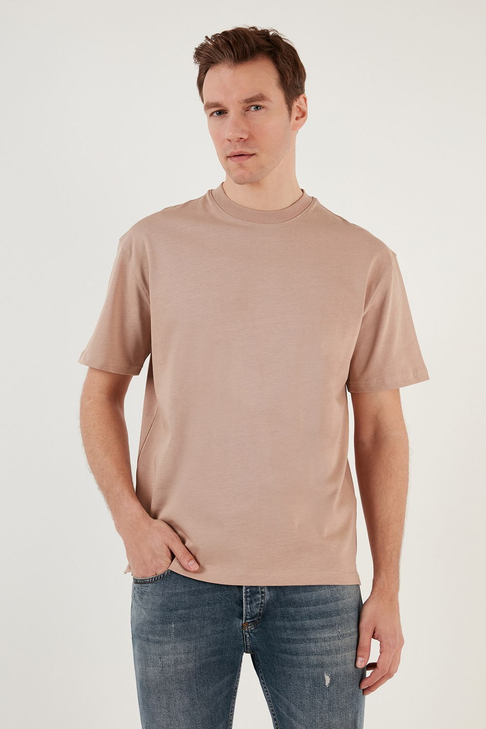 Pamuklu Relaxed Fit Sıfır Yaka Erkek T Shirt 5905446 KUM