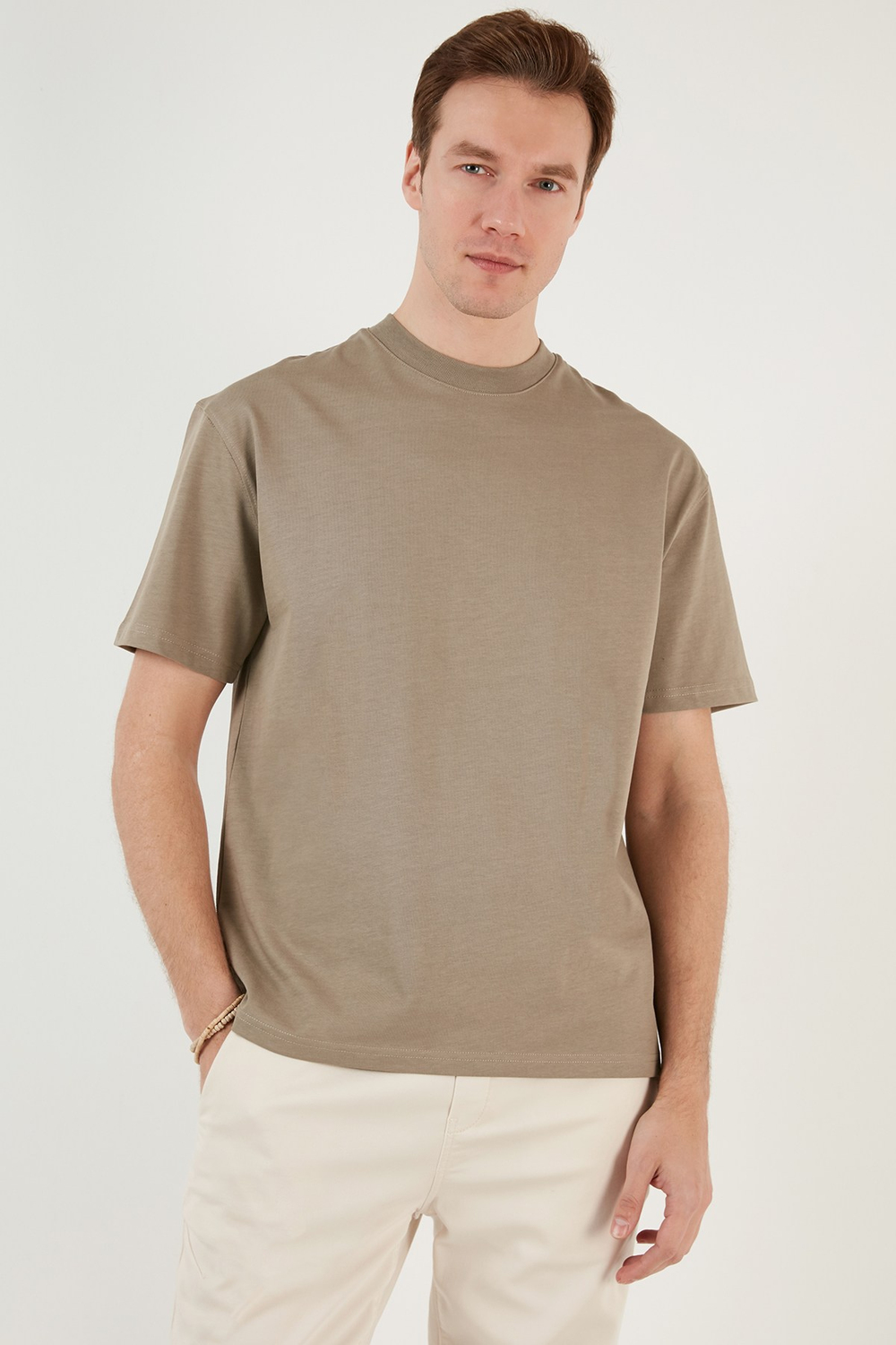Pamuklu Relaxed Fit Sıfır Yaka Erkek T Shirt 5905446 VİZON