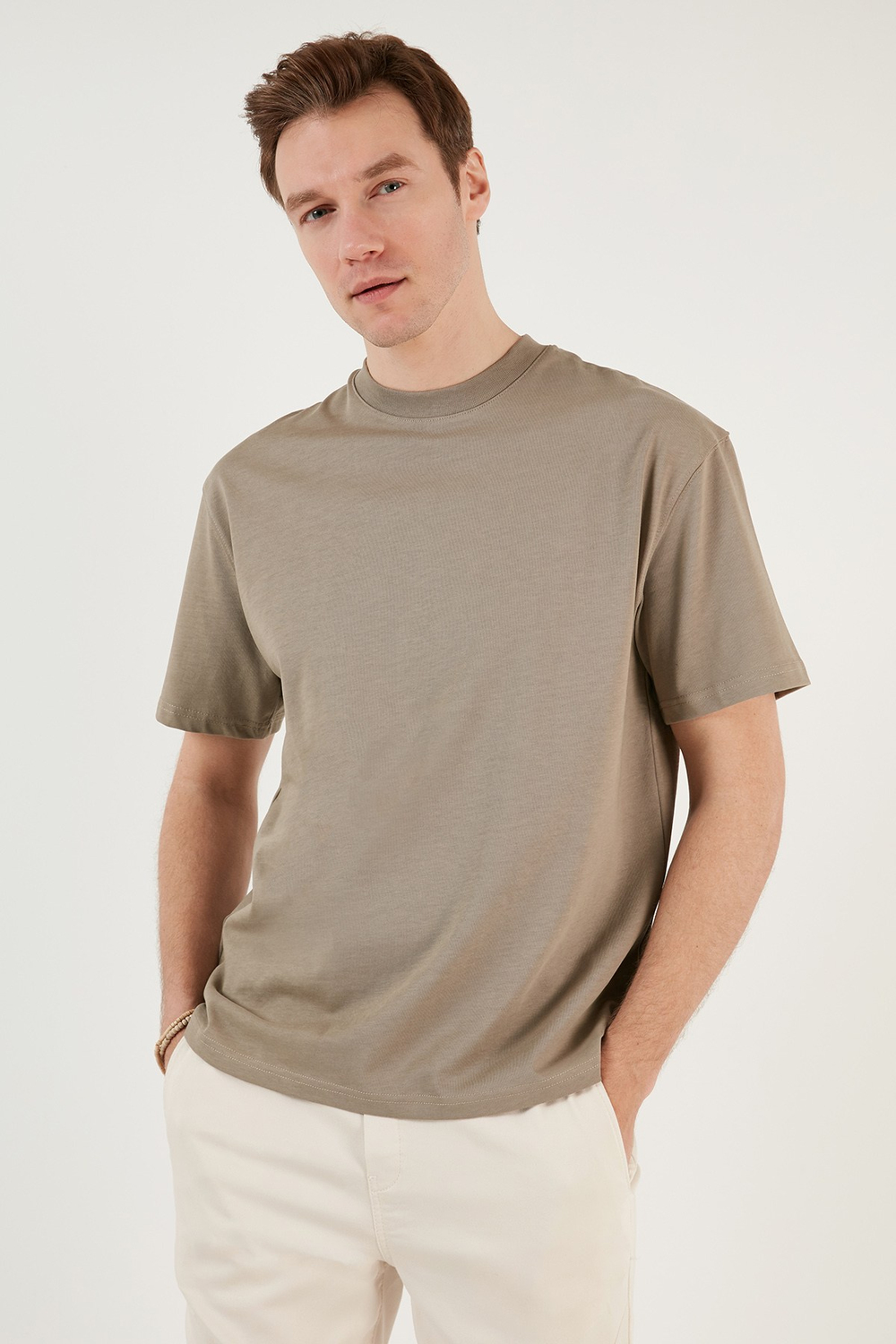 Pamuklu Relaxed Fit Sıfır Yaka Erkek T Shirt 5905446 VİZON