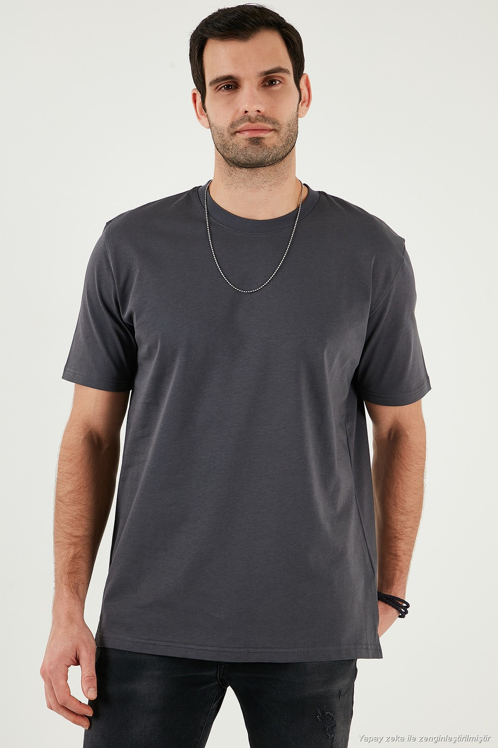Pamuklu Relaxed Fit Sıfır Yaka Erkek T Shirt 5905446 KOYU ANTRASİT