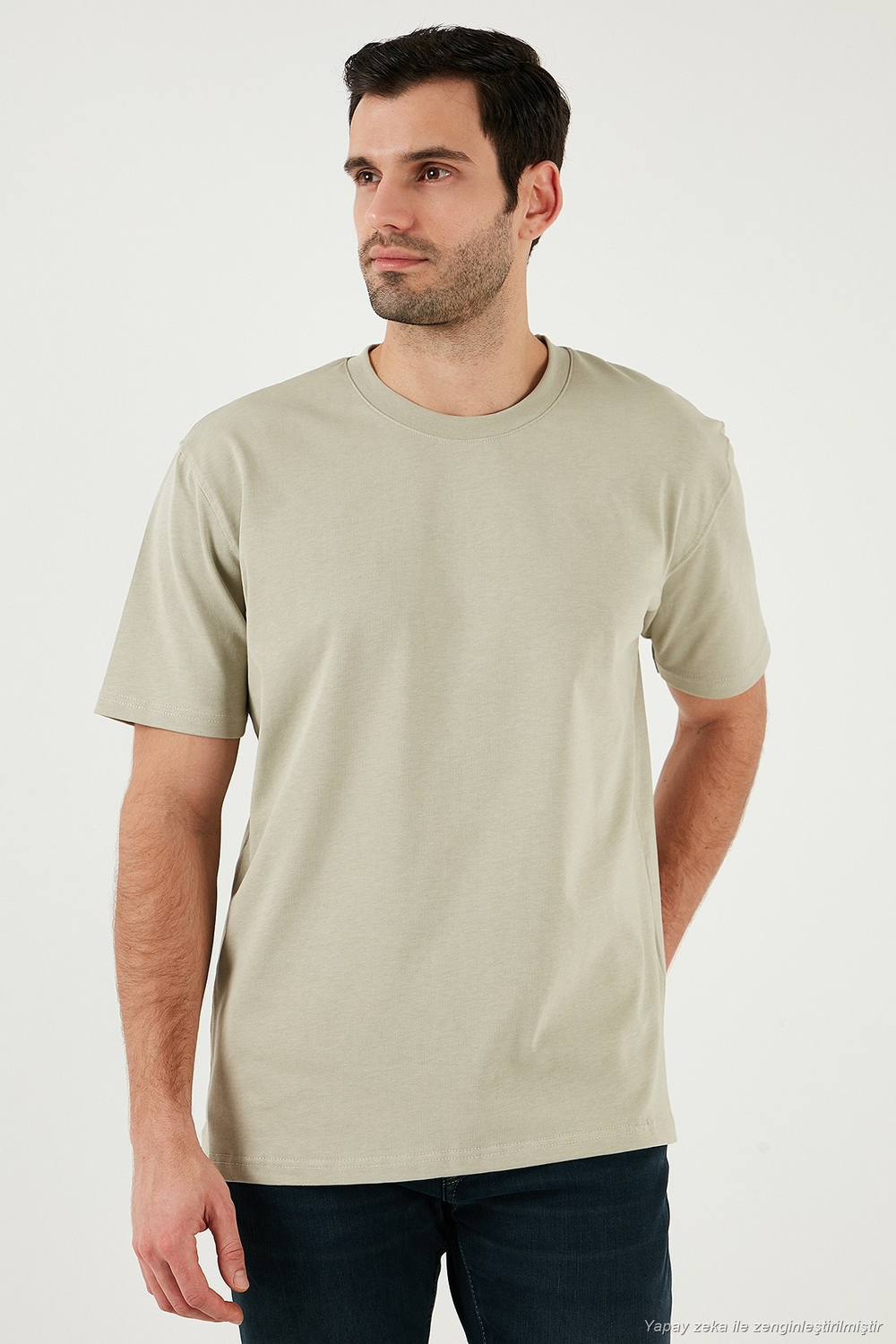 Pamuklu Relaxed Fit Sıfır Yaka Erkek T Shirt 5905446 Açık Taş