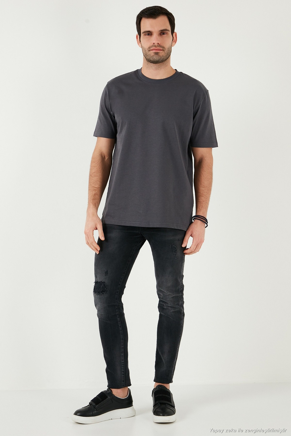Pamuklu Relaxed Fit Sıfır Yaka Erkek T Shirt 5905446 KOYU ANTRASİT