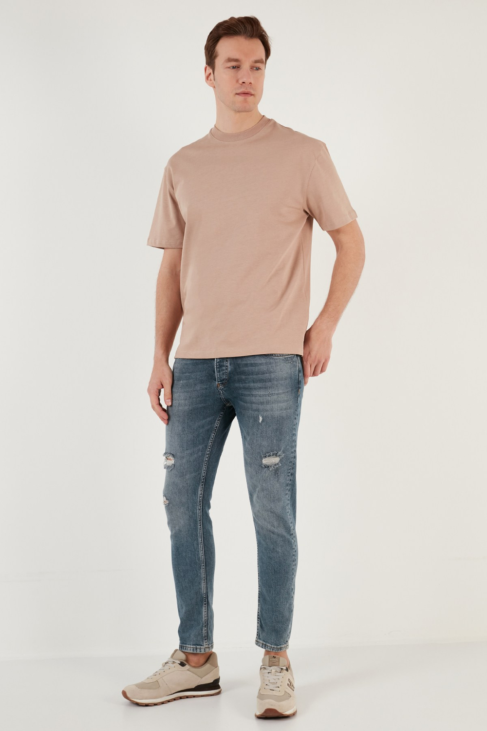 Pamuklu Relaxed Fit Sıfır Yaka Erkek T Shirt 5905446 KUM