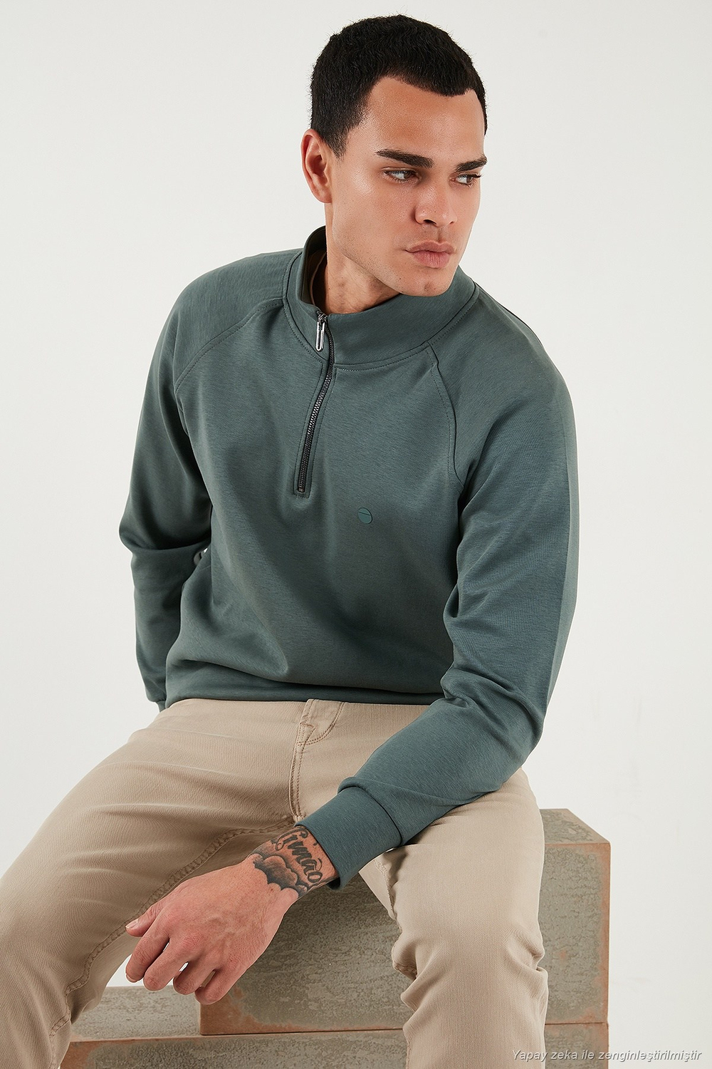 Pamuklu Relaxed Fit Yarım Fermuarlı Dik Yaka Erkek Sweat 5901232 HAKİ