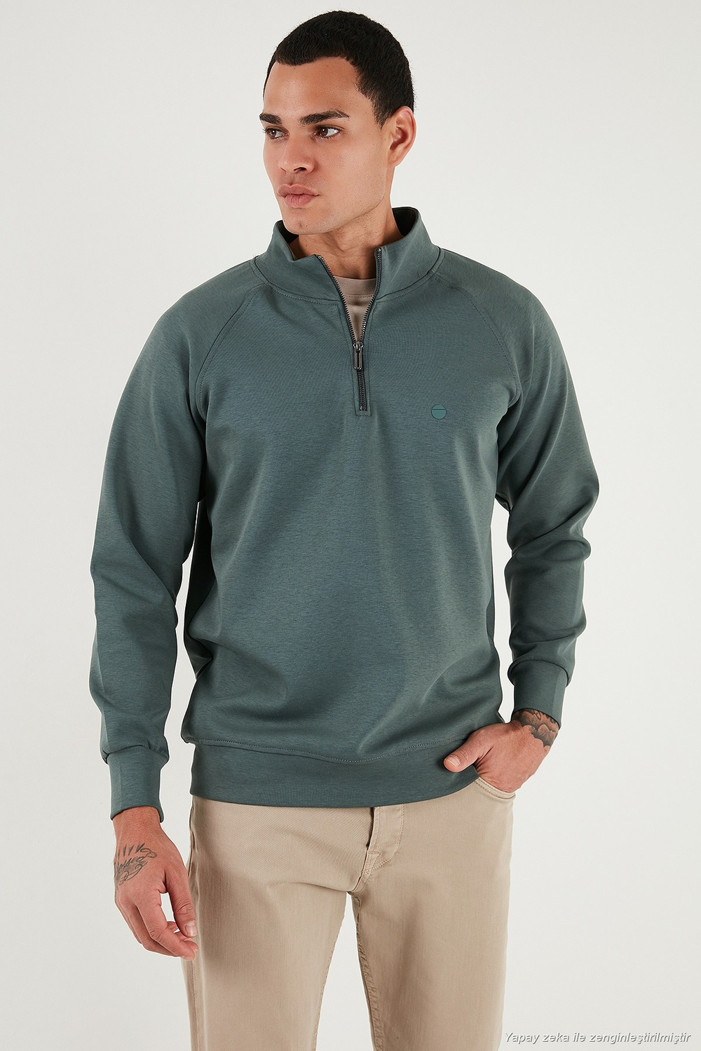 Pamuklu Relaxed Fit Yarım Fermuarlı Dik Yaka Erkek Sweat 5901232 HAKİ