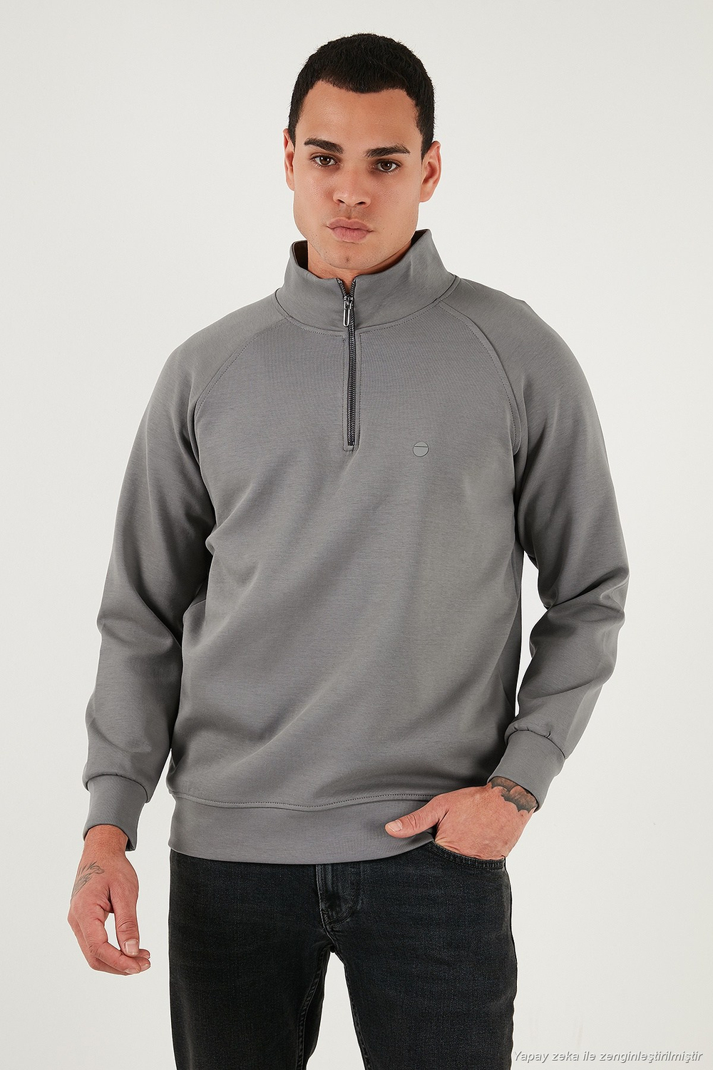Pamuklu Relaxed Fit Yarım Fermuarlı Dik Yaka Erkek Sweat 5901232 AÇIK HAKİ