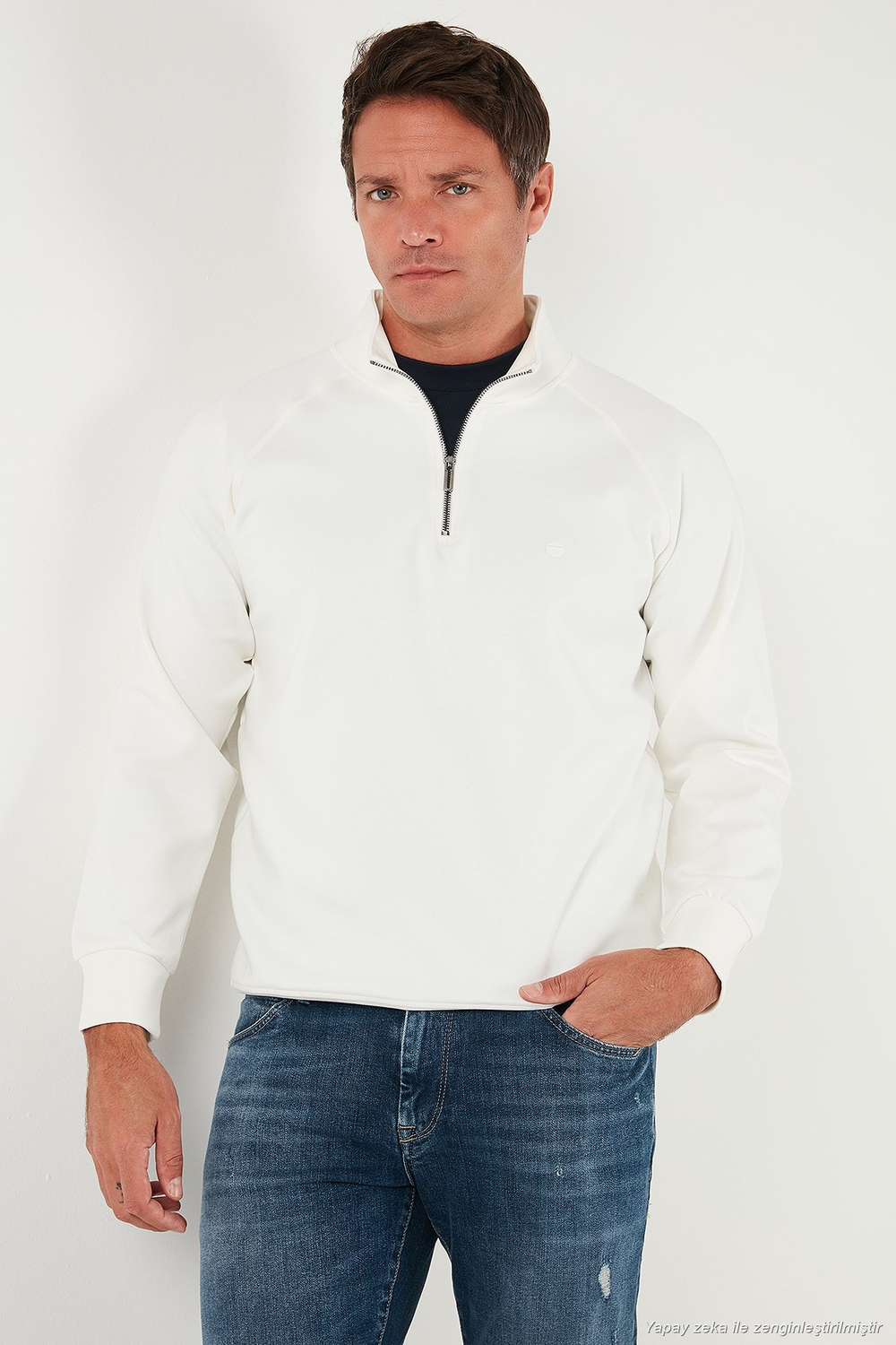 Pamuklu Relaxed Fit Yarım Fermuarlı Dik Yaka Erkek Sweat 5901232 EKRU